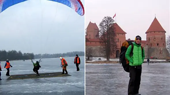 فرود دقیق یک ایرانی با پاراگلایدر روی دریاچه یخ ‌+عکس