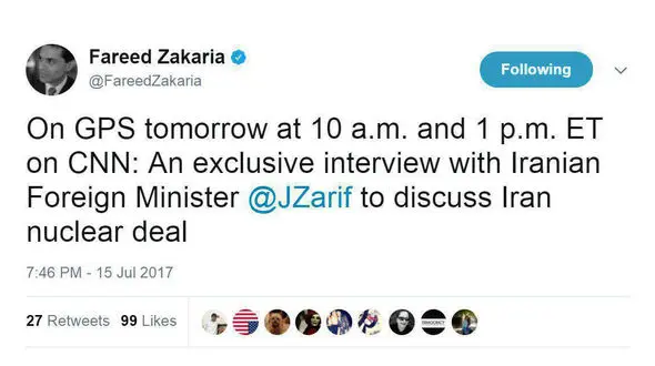 گفت گو ی ظریف و فرید ذکریا مصاحبه گر ارشد سی ان ان در باره توافق هستی تا ساعاتی دیگر