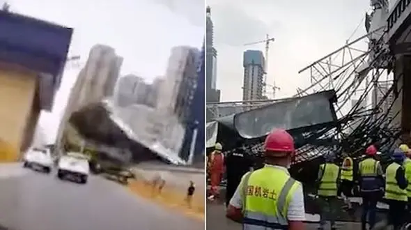 سقوط وحشتناک جرثقیل در یک اتوبان + فیلم /چین