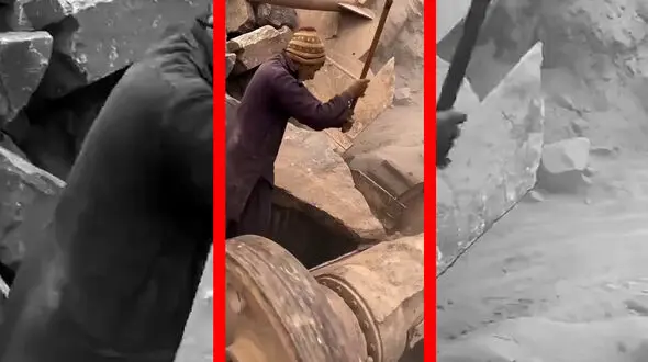 فیلم شکستن سنگ با پوتک برای ورود به دستگاه سنگ شکن