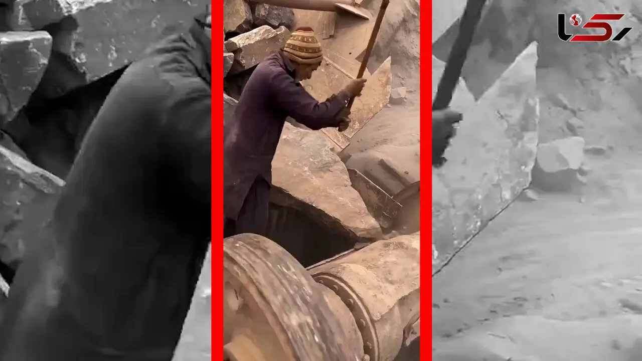 فیلم شکستن سنگ با پوتک برای ورود به دستگاه سنگ شکن