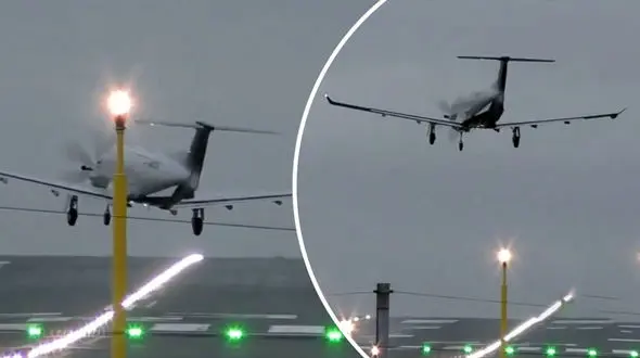 فرود پردردسر هواپیمای ملخی در باد شدید+ فیلم 