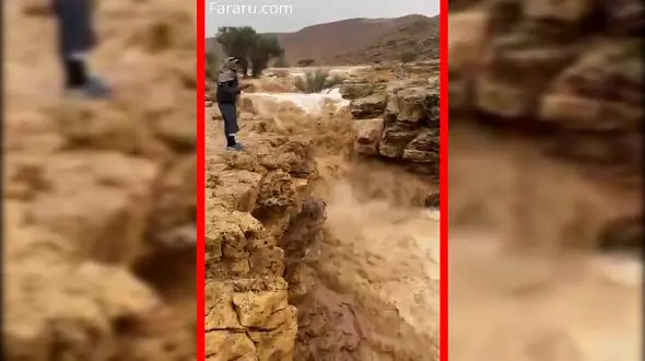 فیلم جریان خروشان رودخانه در پی بارش باران در شمال ریاض