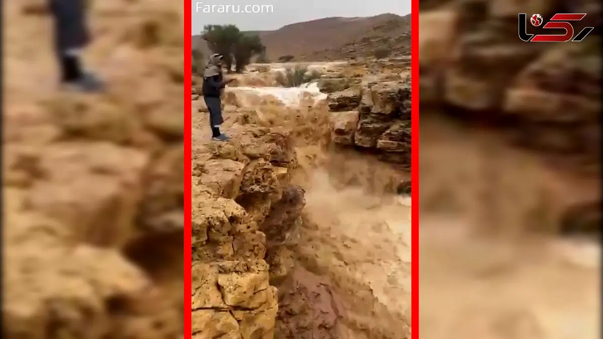 فیلم جریان خروشان رودخانه در پی بارش باران در شمال ریاض