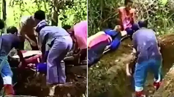 فیلم لحظه زنده به گور کردن یک زن پس از مرگ شوهرش / زن بی گناه ناله کنان در قبر زیر جسدشوهرش دفن شد