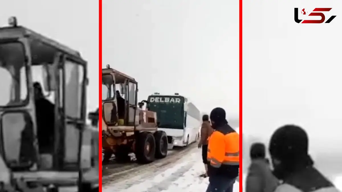 فیلم تلاش راهداران آذربایجان شرقی برای نجات اتوبوس در برف