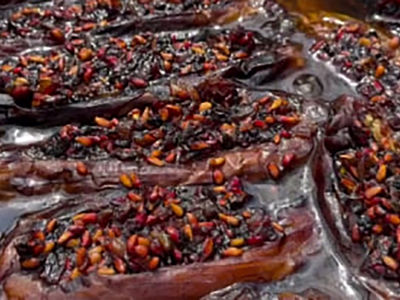 طرز تهیه غذای شمالی به اسم بادمجون کبابی شکم پر + فیلم
