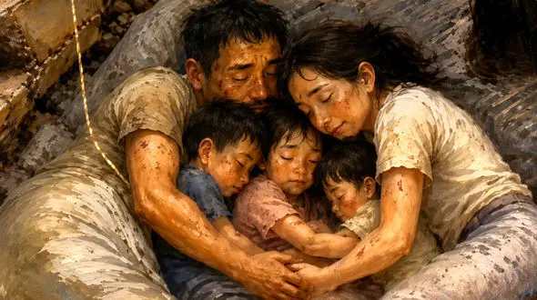 فیلم ماندگار از مرگ خانواده‌ای در آغوش یکدیگر زیر آوار ! / پدر و مادر خودشان را سپر 3 کودک خود کردند