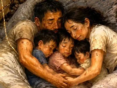فیلم ماندگار از مرگ خانواده‌ای در آغوش یکدیگر زیر آوار ! / پدر و مادر خودشان را سپر 3 کودک خود کردند