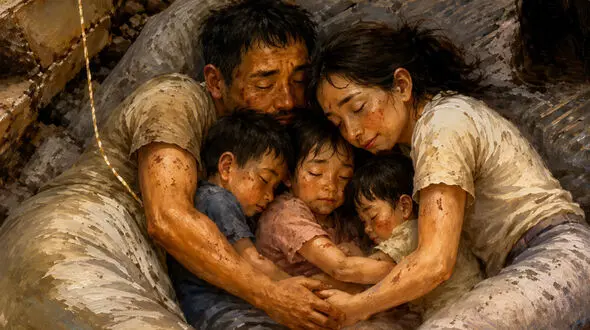 فیلم ماندگار از مرگ خانواده‌ای در آغوش یکدیگر زیر آوار ! / پدر و مادر خودشان را سپر 3 کودک خود کردند