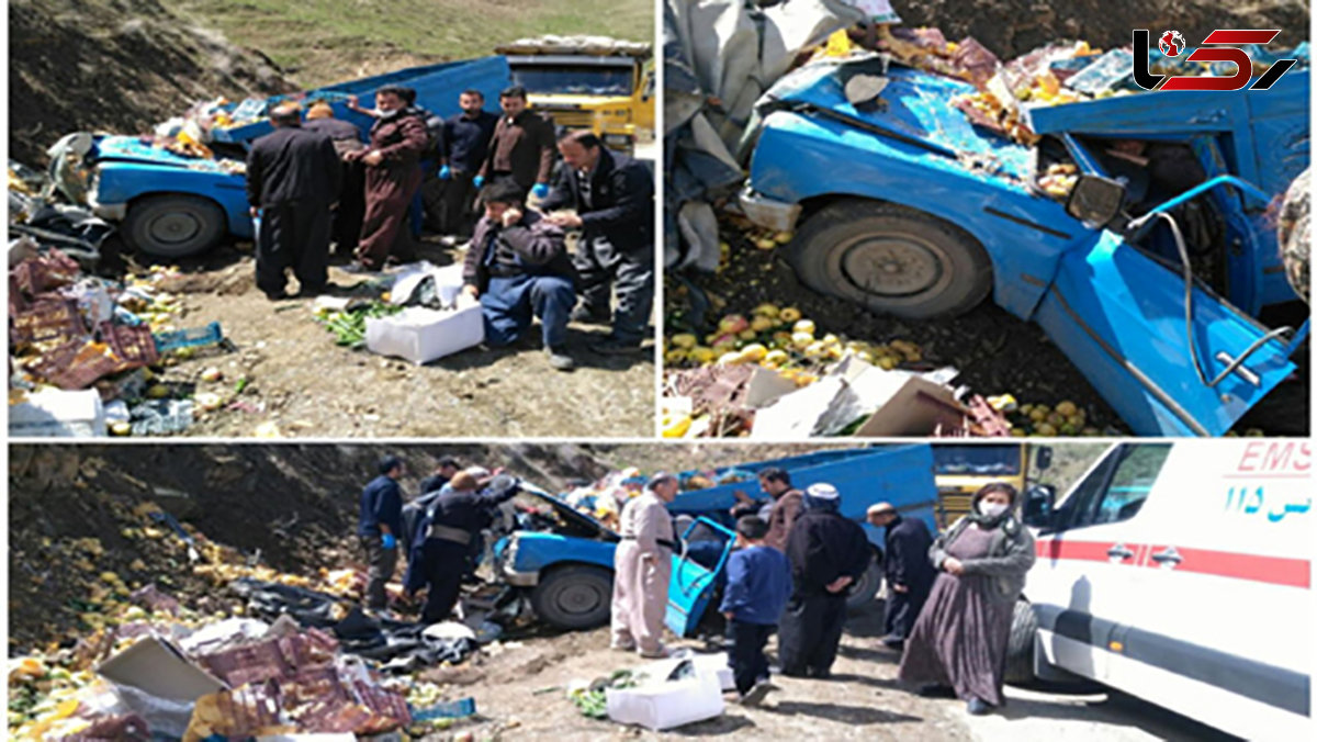 برخورد سایپا با کوه در جاده مهاباد + عکس / میوه ها روی زمین جولان دادند