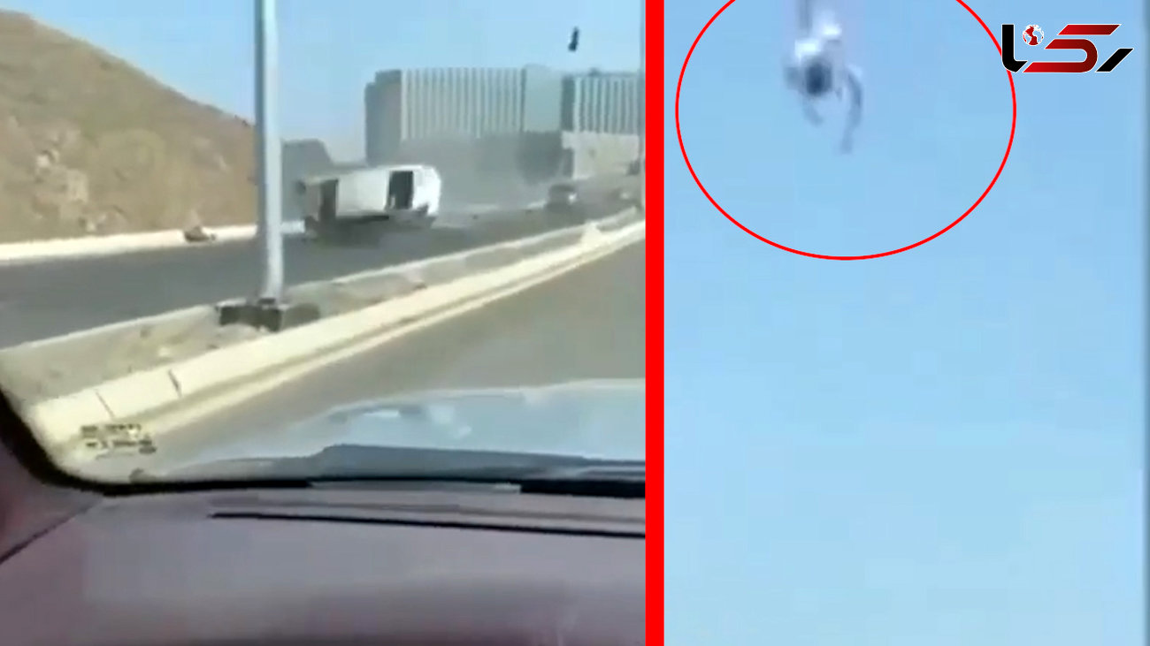 فیلم عجیب از لحظه چپ کردن ماشین / راننده ناگهان از آسمان افتاد