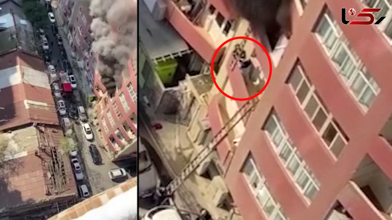فیلم لحظه فرار یک مرد از آتش برج مسکونی/ سقوط مرگبار بود