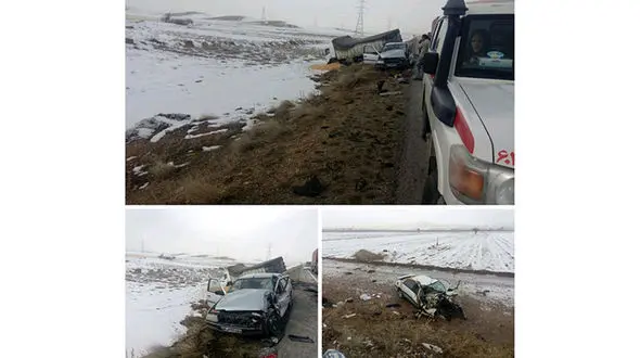 برخورد شاخ به شاخ کامیون با ۲ سواری در محور اراک-ازنا +عکس
