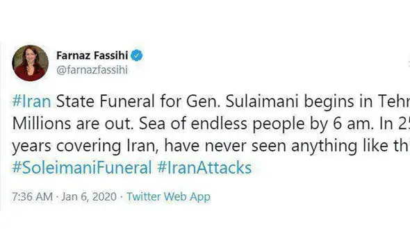 حیرت خانم خبرنگار نیویورک‌تایمز از تشییع میلیونی سردار شهید سلیمانی