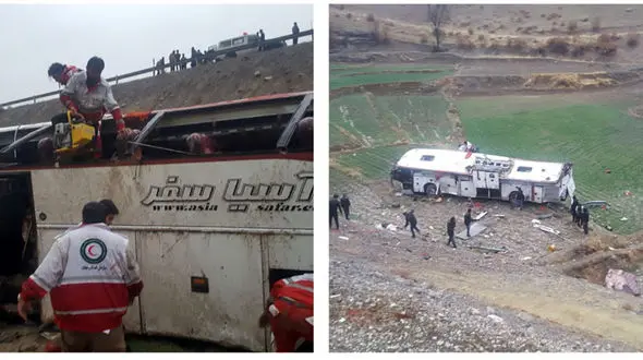 اولین تصاویر از سقوط اتوبوس به دره در مسیر یاسوج-اصفهان / تیم واکنش سریع اعزام شد 