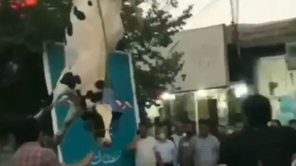 فیلم آویزان کردن یک گاو از پا در ستاد انتخاباتی سیرجان
