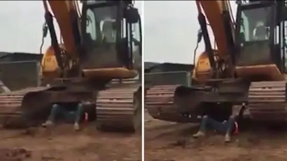 وزنه زدن مرد قدرتمند با بیل مکانیکی 30تنی!؟ +فیلم 