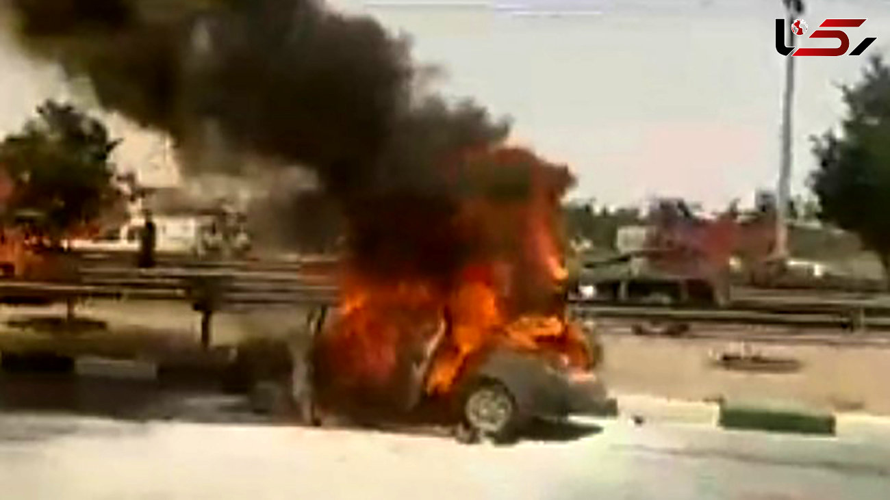 آتش سوزی خودروی دنا در حال حرکت در مشهد / راننده سوخت + عکس