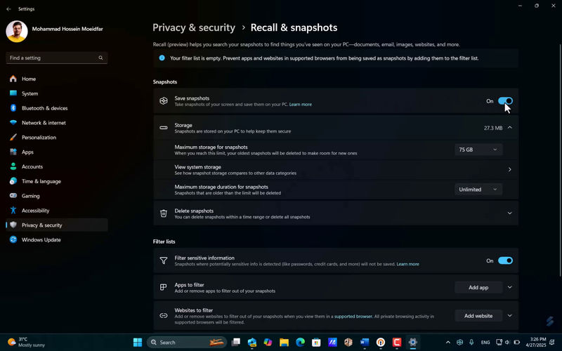 تنظیمات امنیتی ریکال ویندوز ۱۱