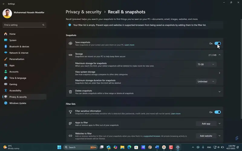 تنظیمات امنیتی ریکال ویندوز ۱۱