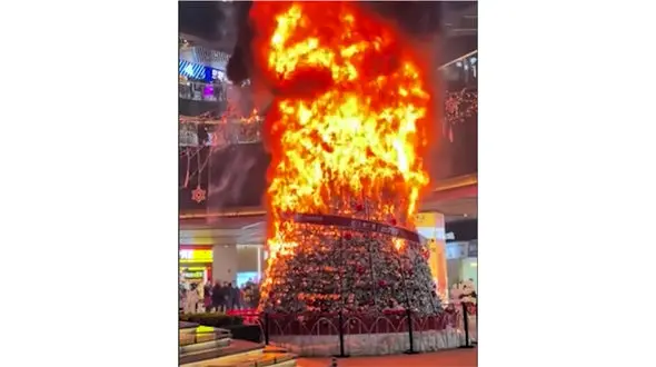 آتش گرفتن کاج کریسمس به ارتفاع ۹ متر در چین 