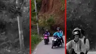 فیلم لحظه هولناک ریزش کوه کنار موتورسوار