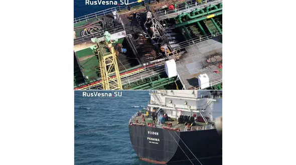 اولین عکس ها از نفتکش پانامایی مرتبط با ایران که منفجر شد + عکس