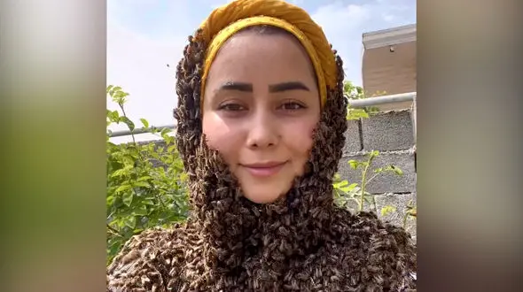 دختری که با زنبورها دوست است/ راز ویدیوی عجیب حضور کندوی زنبور روی صورت او فاش شد