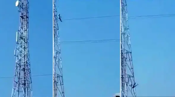 خودکشی پسر جوان که از بالای دکل مخابرات خود را پایین انداخت + فیلم لحظه سقوط / 14+