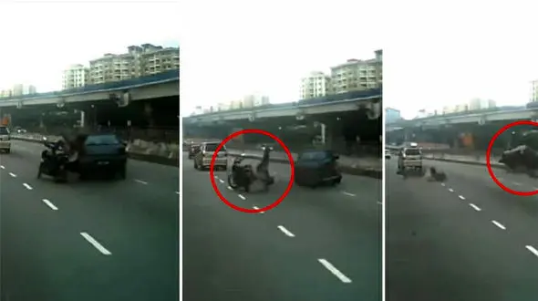 تصادف شدید موتورسوار در اتوبان / او جان سالم به در برد + فیلم و عکس