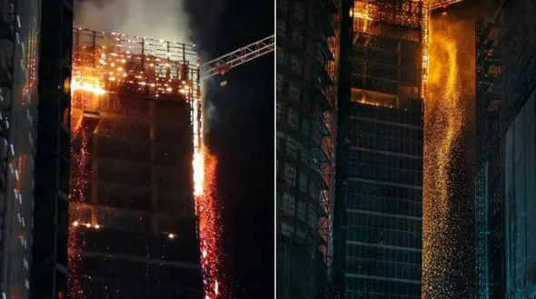 آتش‌سوزی آسمان خراش در حال ساخت در پایتخت لهستان+فیلم