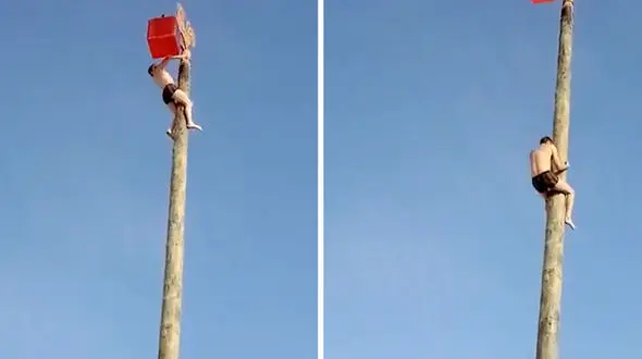سقوط مرگبار مرد جوان از بالای تیر چوبی + فیلم