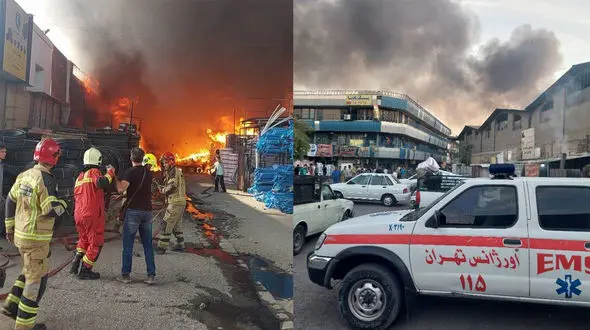 آتش‌سوزی مهیب در بازار آهن شادآباد / آتش‌نشان در تلاش برای مهار آتش هستند + فیلم