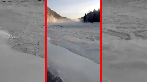 فیلم پدیده نادر سونامی یخی در رودخانه تورکا بوریاتیا