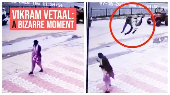 فیلم پرواز واقعی یک مرد در خیابان / او روی یک زن فرود آمد! / هند