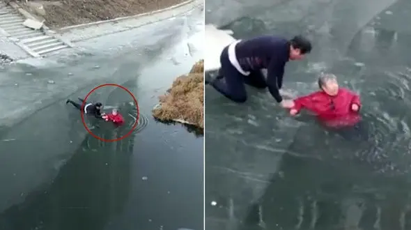 نجات جان یک زن از دریاچه یخ زده توسط مرد شجاع و فداکار ! + فیلم