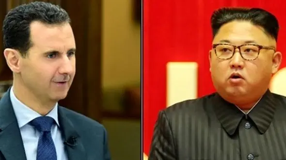 اهدای دسته گل به رهبر کره شمالی توسط بشار اسد