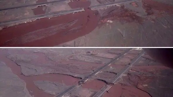 عکس هوایی از جاده کرمان - بم در محاصره سیل