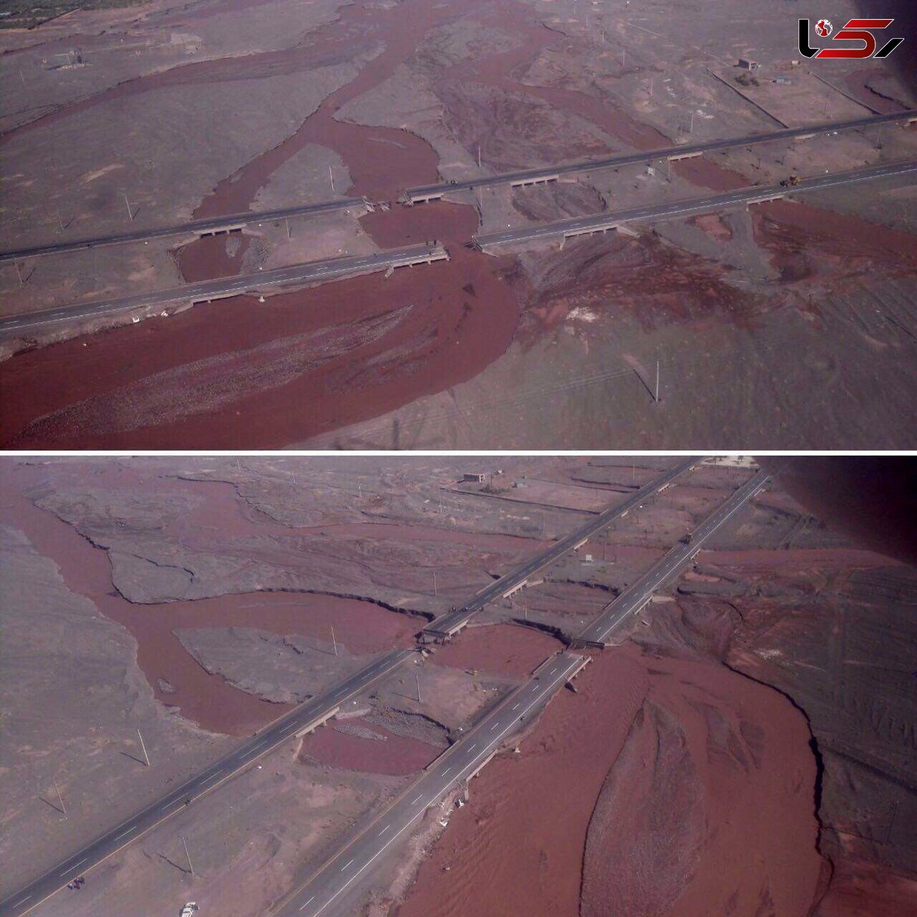 عکس هوایی از جاده کرمان - بم در محاصره سیل