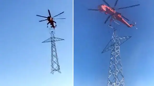 لحظه جا به جایی دکل‌های برق فشار قوی + فیلم عجیب