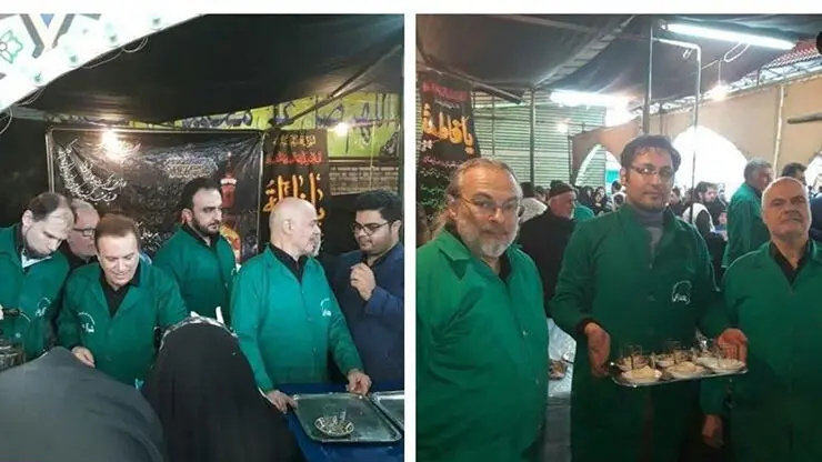 چهار دانشمند خارجی درحال خدمت به زائران پیاده امام رضا +عکس 