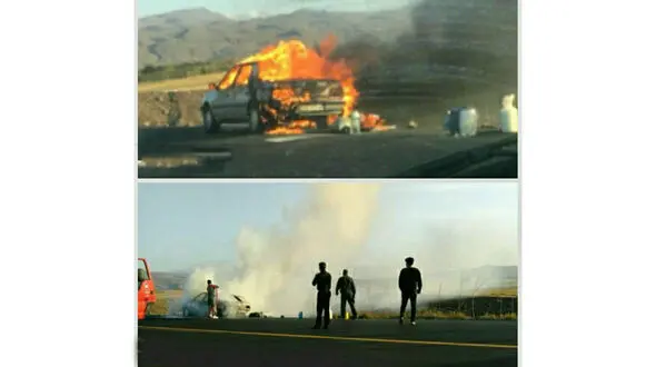 عکس لحظه آتش گرفتن خودرو در جاده اردبیل به خلخال