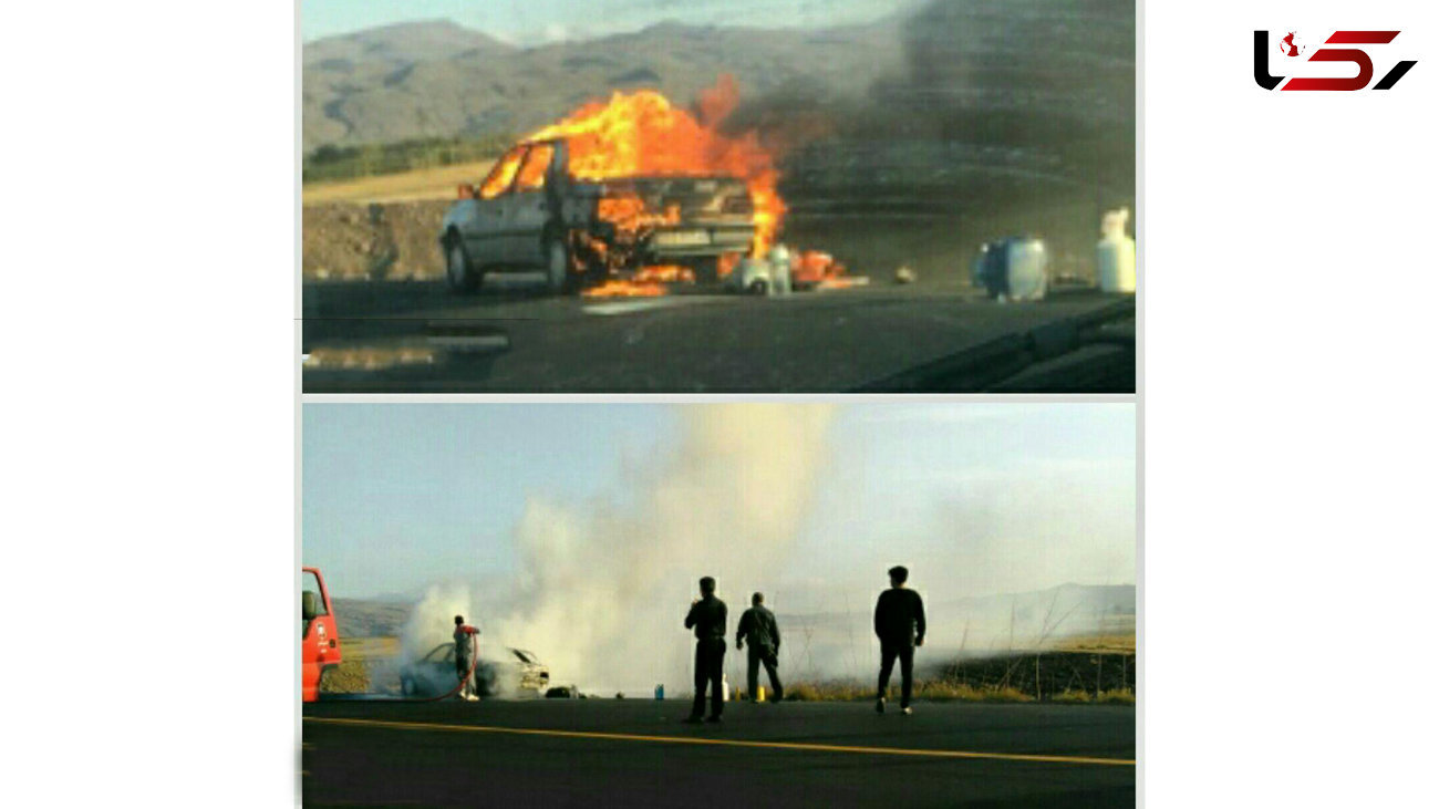 عکس لحظه آتش گرفتن خودرو در جاده اردبیل به خلخال