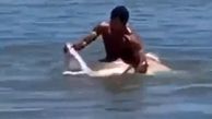 این مرد کوسه را با دست خالی گرفت! / شناگران در ساحل وحشت کردند+ فیلم