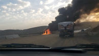 فیلم واژگونی و آتش‌سوزی تریلی حامل بار گندم در مشهد / ببینید