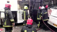 آتش سوزی مرموز  اتوبوس ها  در یک پارکینگ مشهد+ فیلم و عکس