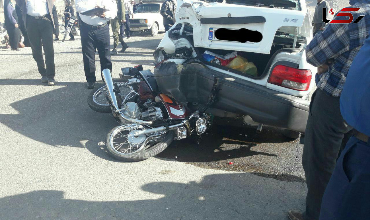 تصادف پراید و موتورسیکلت در جاده فرعی + عکس 