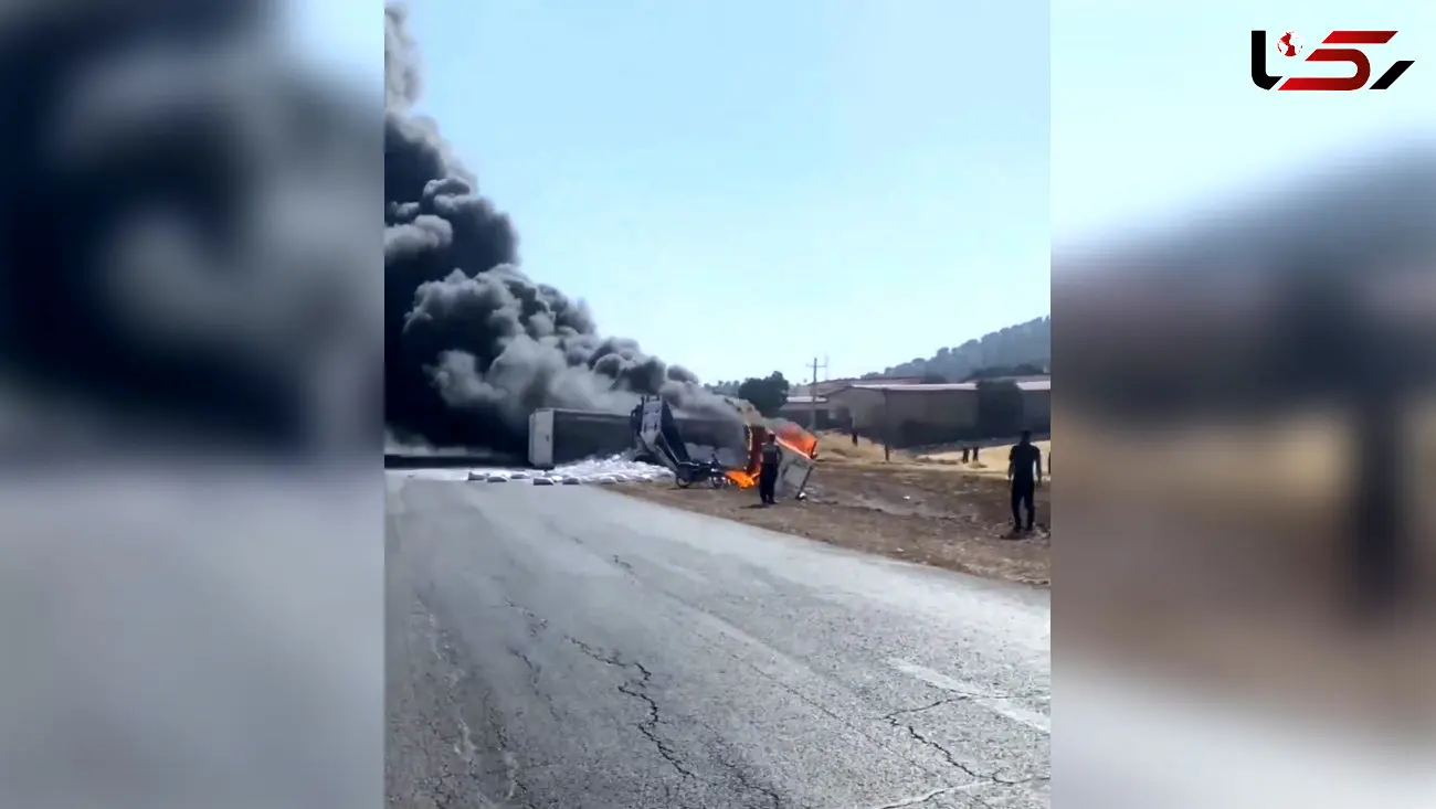زنده زنده سوختن 2 مسافر در تصادف زنجیره کرمانشاه /  کامیون همه را درو کرد + فیلم