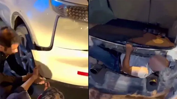 فیلم باورنکردنی از جاسازی انسان در سپر عقب شاسی بلند / قاچاق انسان به امارات در سپر ماشین